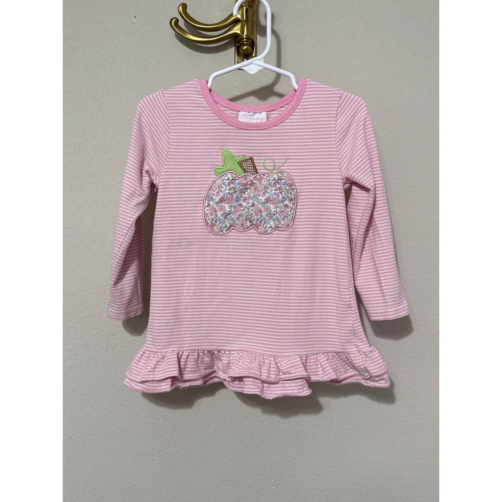 Stitchy Fish Pumpkin Top Toddler Girls 2T Pink Striped Floral Patchwork Ruffle